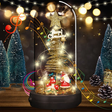 uniqicon LED Christmas Tree Music Box in Glass Dome with Santa Claus, Snowflakes Decorations Tree Present, Indoor Home Decor Gifts, Christmas Music Wooden Box Gifts for Girls Women Mom Friend - uniqicon